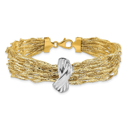 14K Gelb & Rhodium mit Poliert Knoten Netz Multi Strang Armband