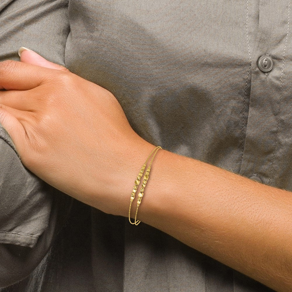 14K Gelbgold Pol/texture/dia Schliff Perlen 2 Strang mit 1 Zoll Verlängerung. Armband