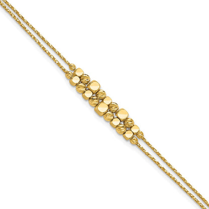 14K Gelbgold Pol/texture/dia Schliff Perlen 2 Strang mit 1 Zoll Verlängerung. Armband