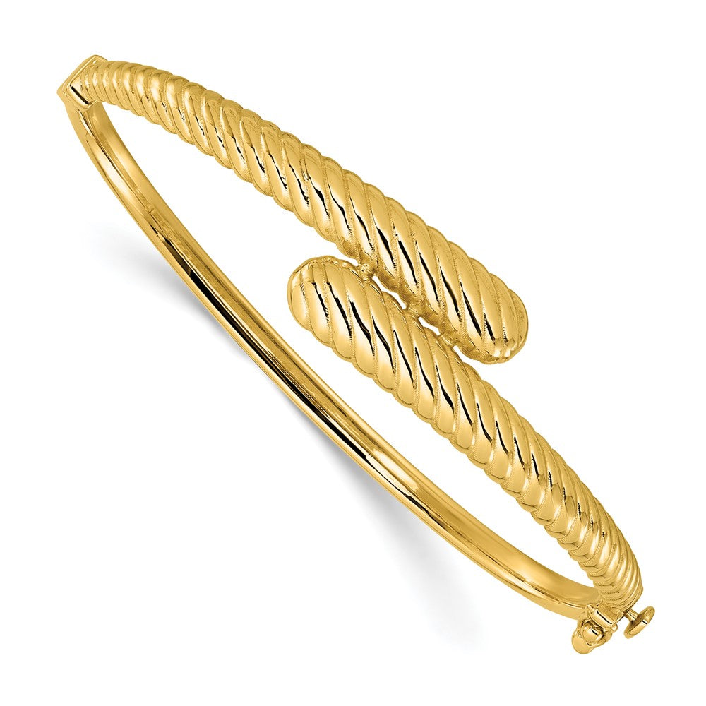 14K Gelbgold Poliert und Gerillt Bypass Klappbar Armreif