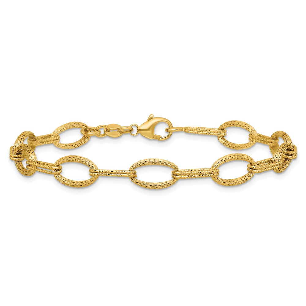 14K Gelbgold Poliert/texture/dia Schliff Fantasie Oval Glieder Armband