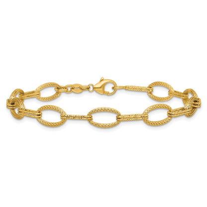 14K Gelbgold Poliert/texture/dia Schliff Fantasie Oval Glieder Armband