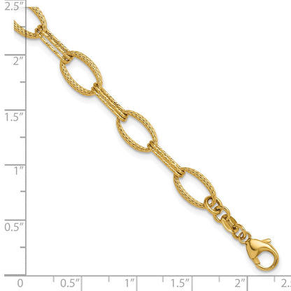 14K Gelbgold Poliert/texture/dia Schliff Fantasie Oval Glieder Armband