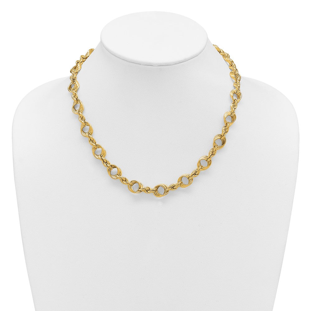 14K Gelbgold Poliert Fantasie Kreis und Kordel Glieder Halskette