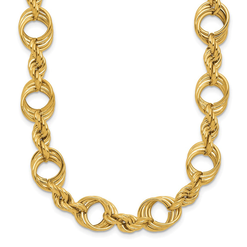 14K Gelbgold Poliert Fantasie Kreis und Kordel Glieder Halskette