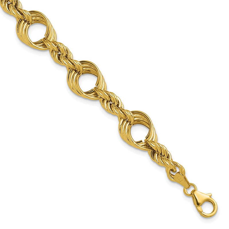 14K Gelbgold Poliert Fantasie Kreis und Kordel Glieder Armband