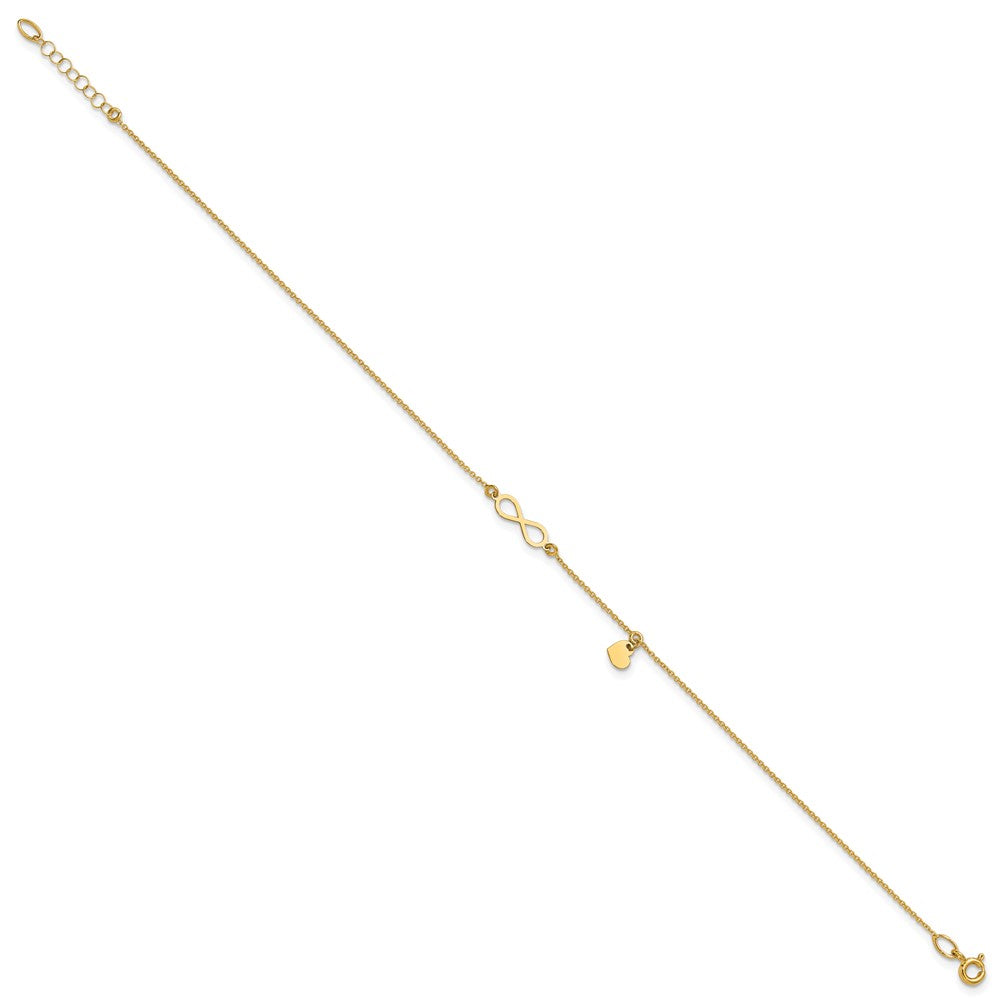 14K Gelbgold Poliert Unendlichkeit/dangle Herz 9 Zoll Plus 1 Zoll Verlängerung. Fußkettchen