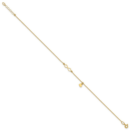 14K Gelbgold Poliert Unendlichkeit/dangle Herz 9 Zoll Plus 1 Zoll Verlängerung. Fußkettchen