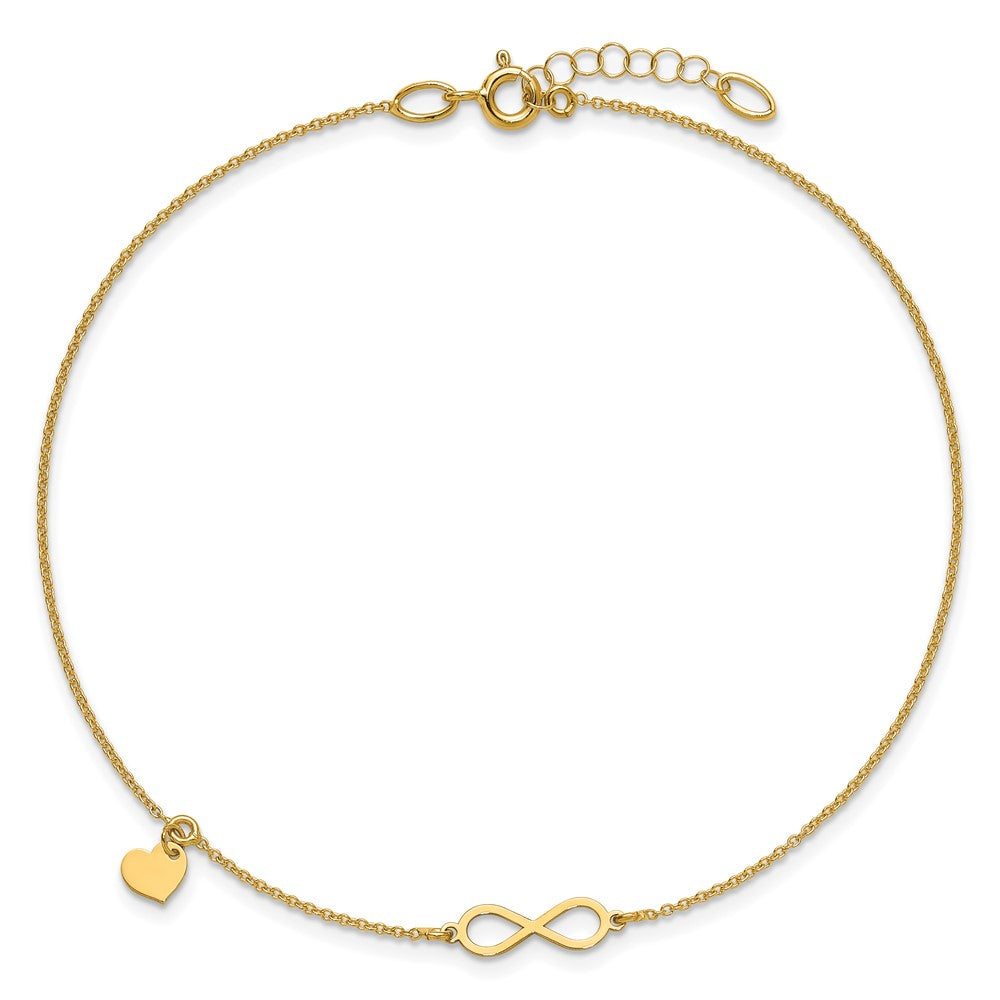 14K Gelbgold Poliert Unendlichkeit/dangle Herz 9 Zoll Plus 1 Zoll Verlängerung. Fußkettchen