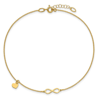 14K Gelbgold Poliert Unendlichkeit/dangle Herz 9 Zoll Plus 1 Zoll Verlängerung. Fußkettchen