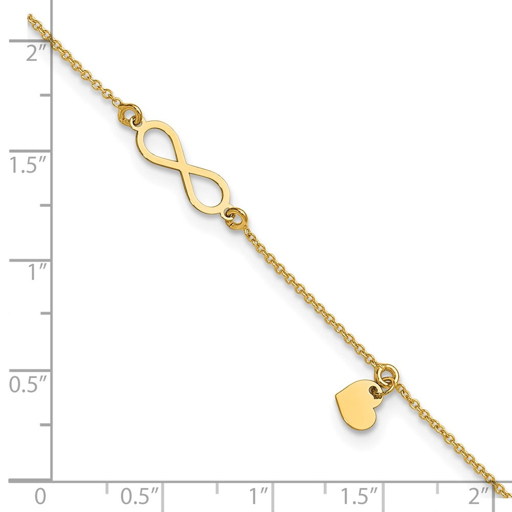 14K Gelbgold Poliert Unendlichkeit/dangle Herz 9 Zoll Plus 1 Zoll Verlängerung. Fußkettchen