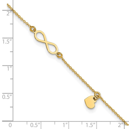 14K Gelbgold Poliert Unendlichkeit/dangle Herz 9 Zoll Plus 1 Zoll Verlängerung. Fußkettchen