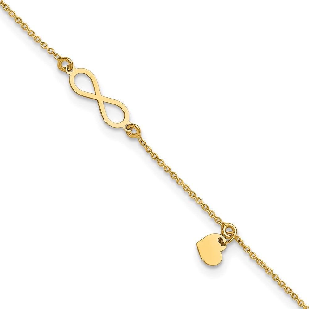 14K Gelbgold Poliert Unendlichkeit/dangle Herz 9 Zoll Plus 1 Zoll Verlängerung. Fußkettchen