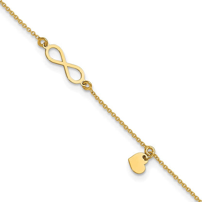 14K Gelbgold Poliert Unendlichkeit/dangle Herz 9 Zoll Plus 1 Zoll Verlängerung. Fußkettchen
