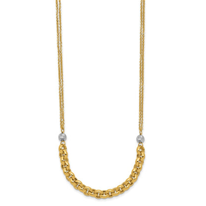 14K Gelb & Rhodium Weiß Rhodiniert Poliert Diamantiert 2 Strang Erbs Glieder Halskette