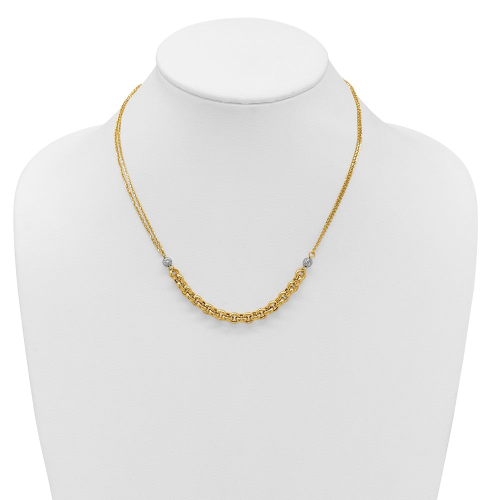14K Gelb & Rhodium Weiß Rhodiniert Poliert Diamantiert 2 Strang Erbs Glieder Halskette