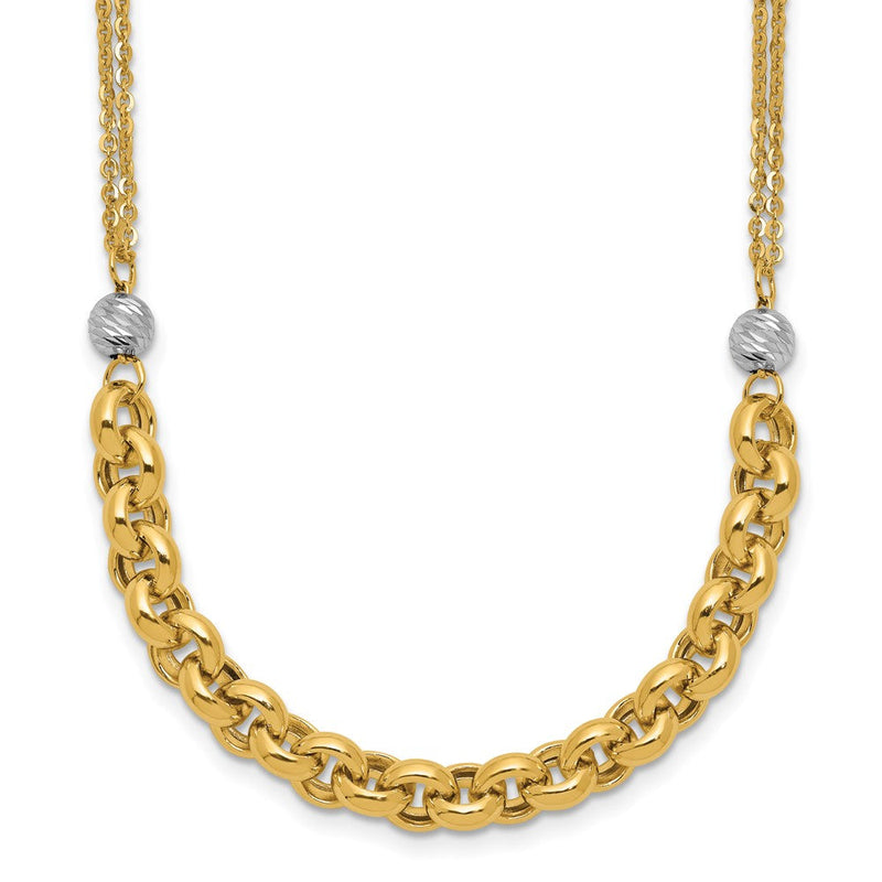 14K Gelb & Rhodium Weiß Rhodiniert Poliert Diamantiert 2 Strang Erbs Glieder Halskette
