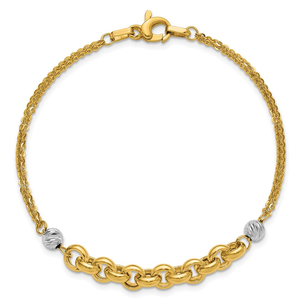 14K Gelb & Rhodium Weiß Poliert Diamantiert 2 Strang Erbs Glieder Armband