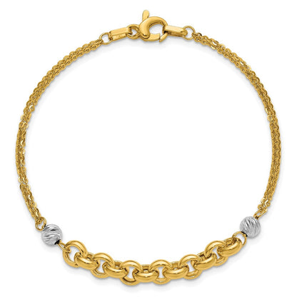 14K Gelb & Rhodium Weiß Poliert Diamantiert 2 Strang Erbs Glieder Armband
