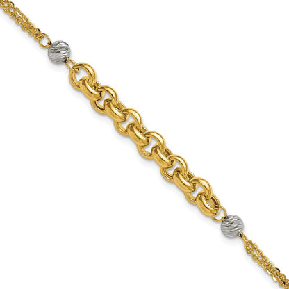 14K Gelb & Rhodium Weiß Poliert Diamantiert 2 Strang Erbs Glieder Armband
