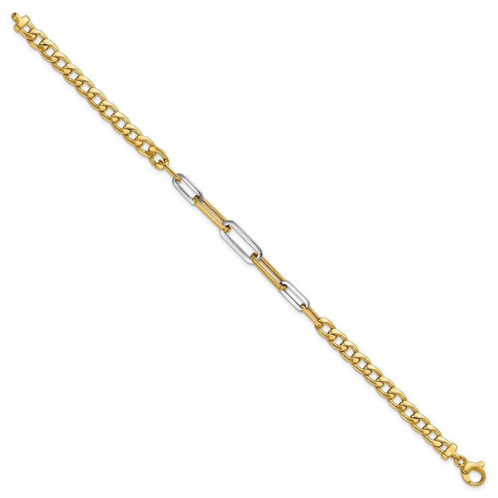 14K Gelb & Rhodium Weiß Poliert Panzer und Büroklammer Glieder Armband
