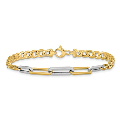 14K Gelb & Rhodium Weiß Poliert Panzer und Büroklammer Glieder Armband