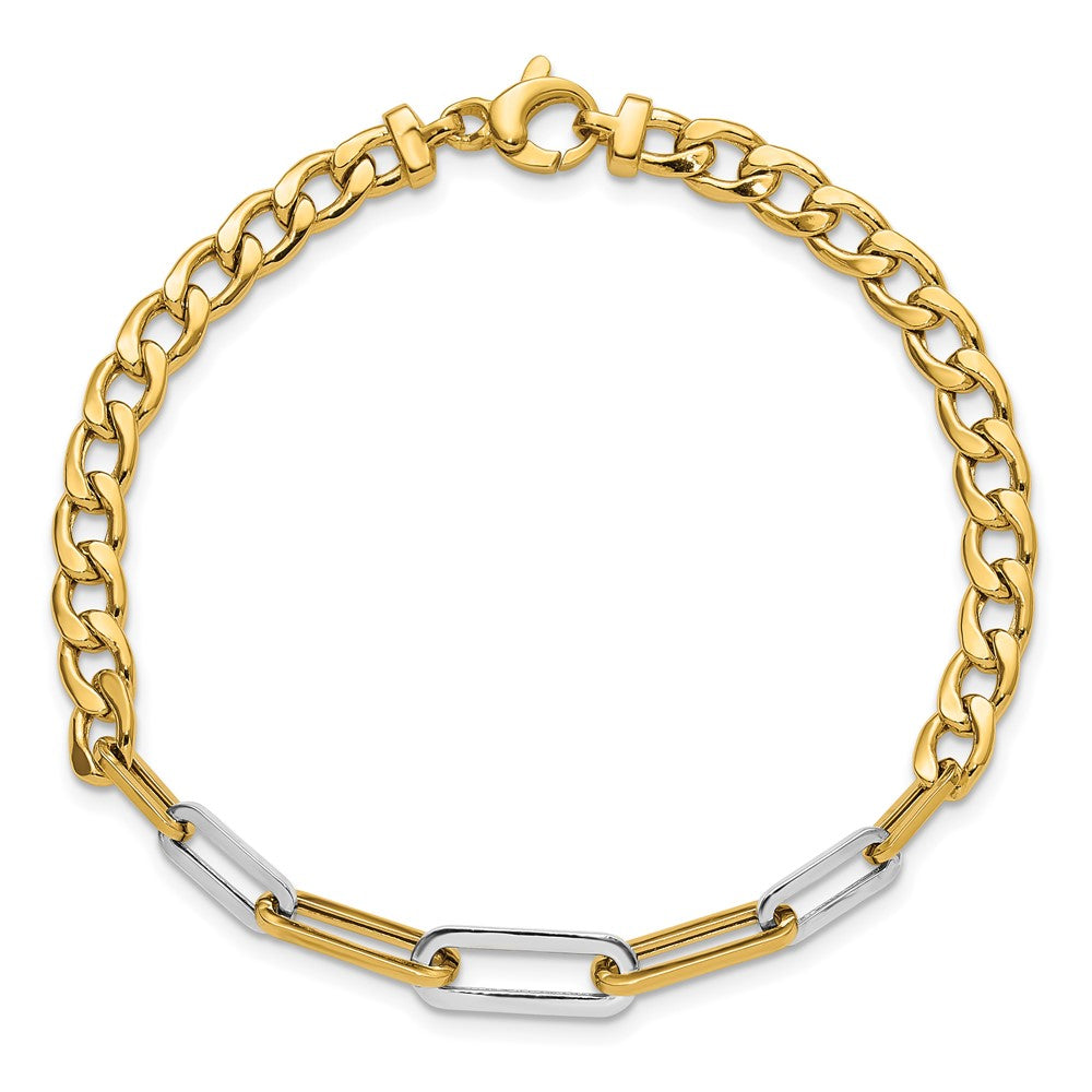 14K Gelb & Rhodium Weiß Poliert Panzer und Büroklammer Glieder Armband