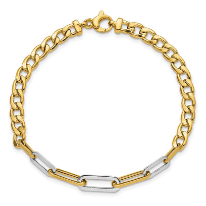 14K Gelb & Rhodium Weiß Poliert Panzer und Büroklammer Glieder Armband