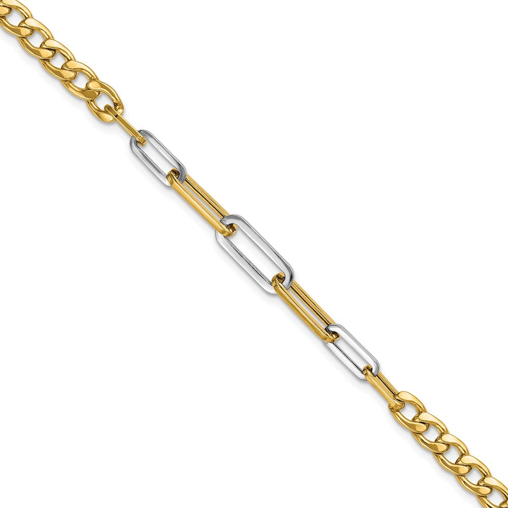14K Gelb & Rhodium Weiß Poliert Panzer und Büroklammer Glieder Armband