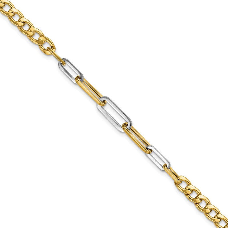 14K Gelb & Rhodium Weiß Poliert Panzer und Büroklammer Glieder Armband