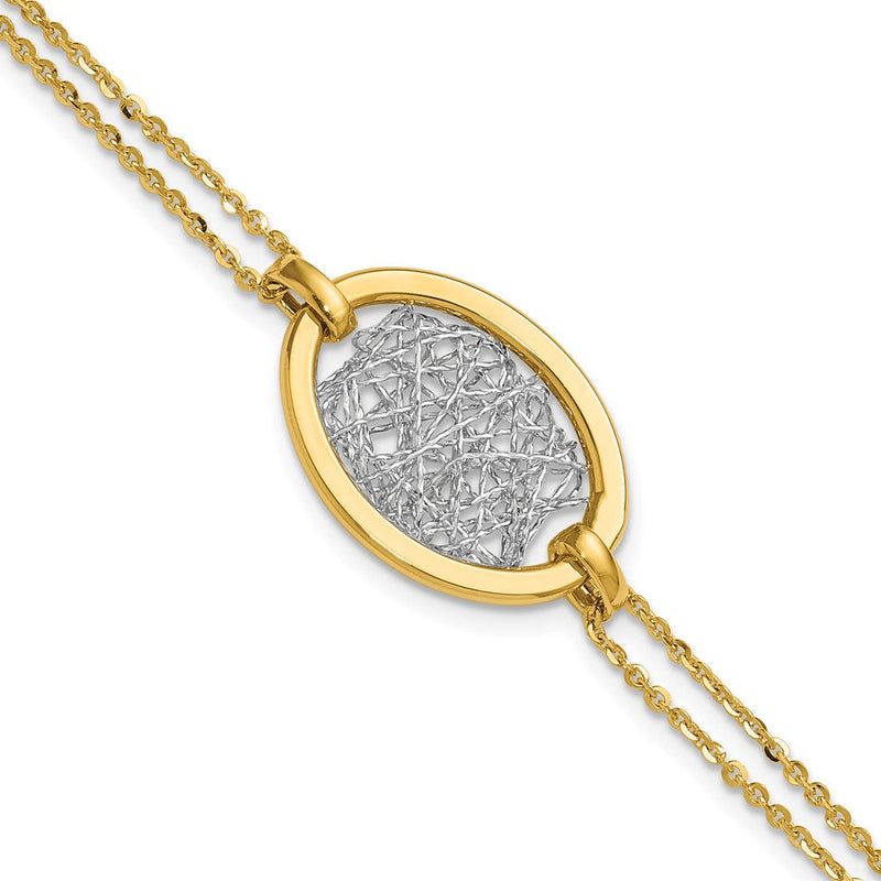 14K Gelb & Rhodium Weiß Poliert Diamantiert Fantasie Oval 2 Strang Armband