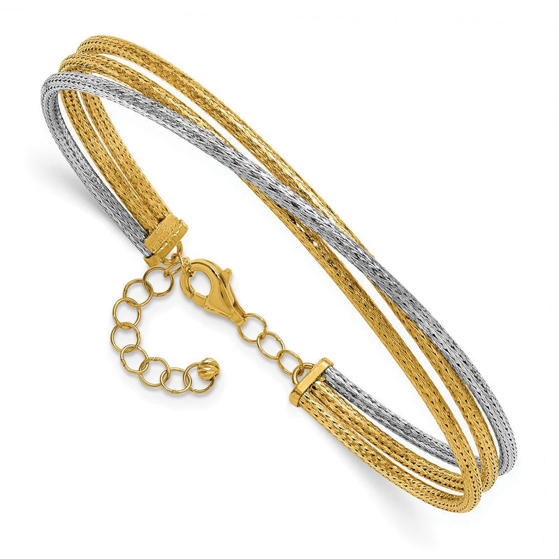 14K Bicolor 14ktt Poliert & Strukturiert Fantasie 3 Draht mit 1 Zoll Verlängerung. Armreif