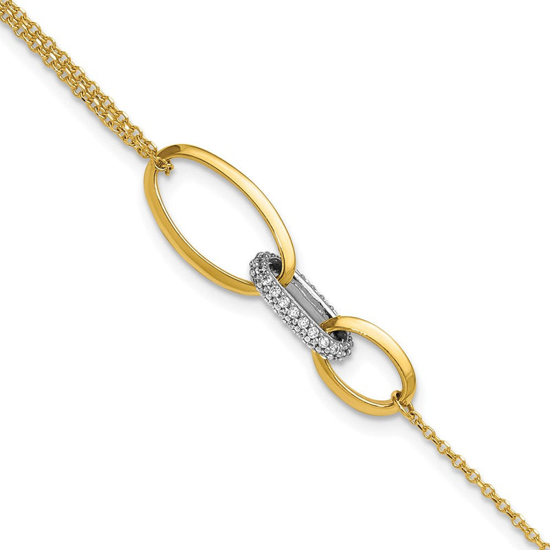14K Bicolor Poliert Fantasie Zirkonia Ovals Mit.75 Zoll Verlängerung. Armband