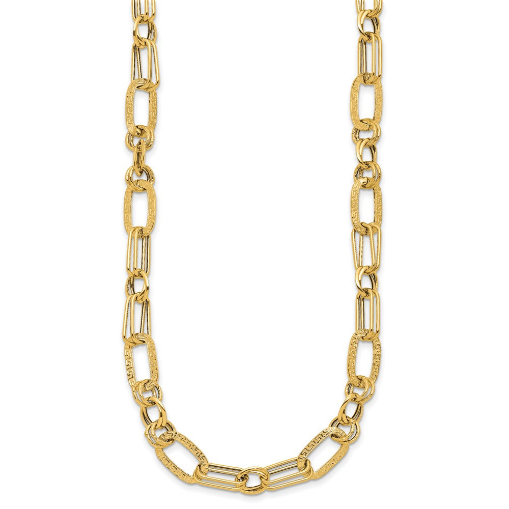 14K Gelbgold Poliert und Strukturiert Fantasie Greek Key Glieder Halskette