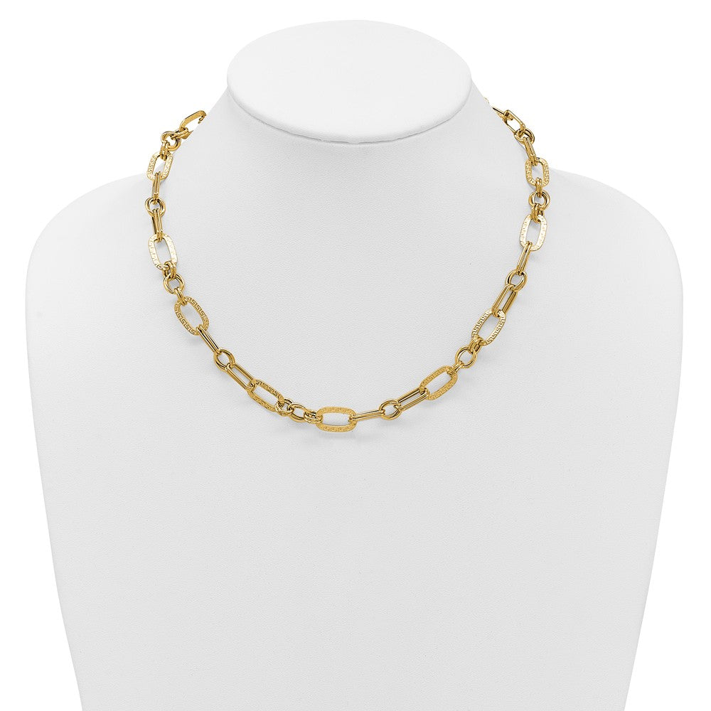 14K Gelbgold Poliert und Strukturiert Fantasie Greek Key Glieder Halskette