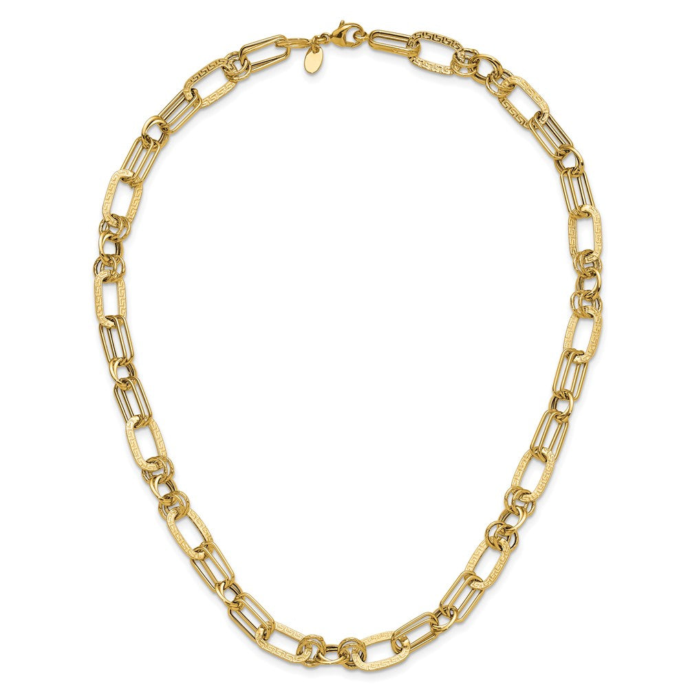 14K Gelbgold Poliert und Strukturiert Fantasie Greek Key Glieder Halskette