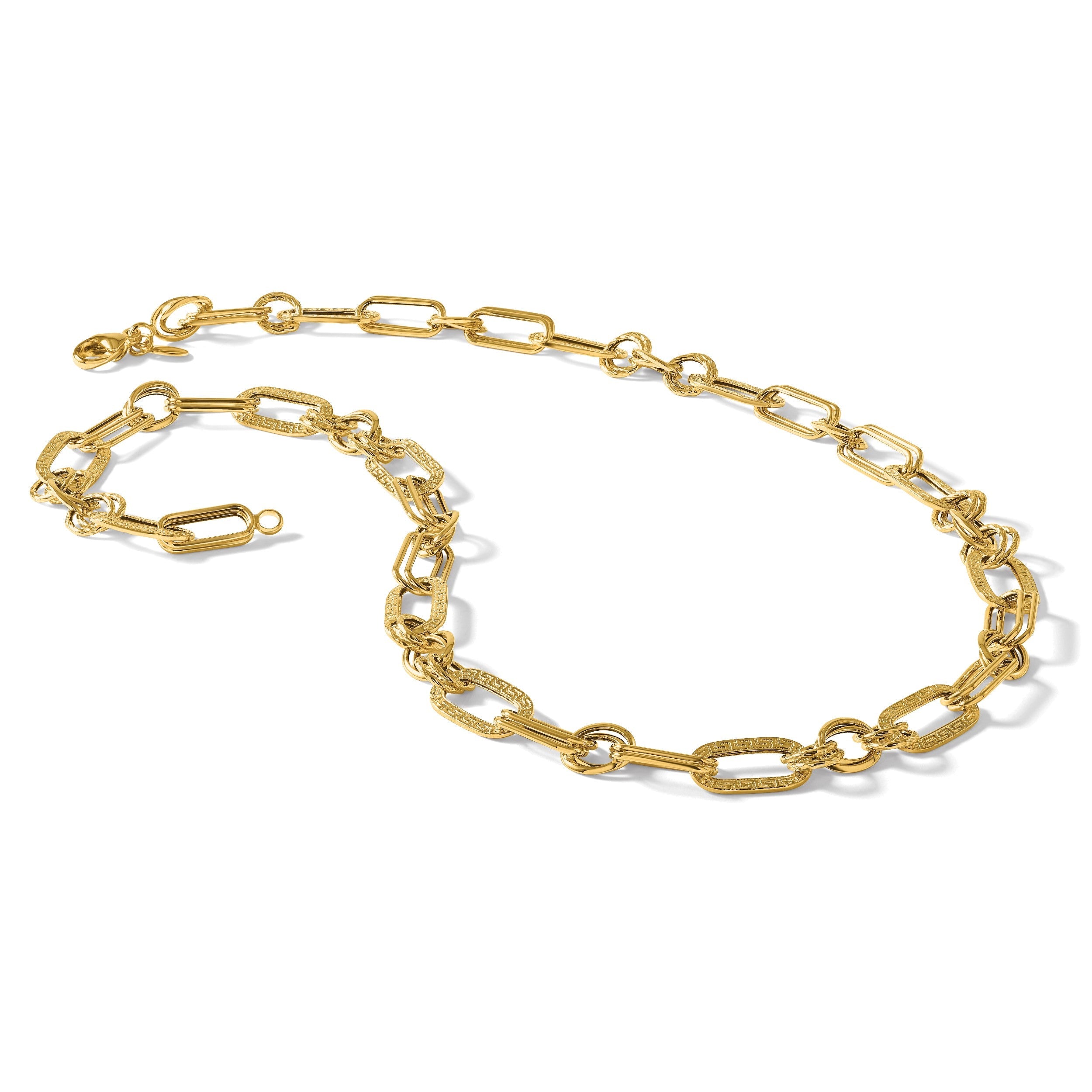 14K Gelbgold Poliert und Strukturiert Fantasie Greek Key Glieder Halskette