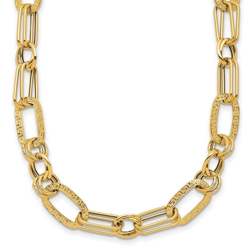 14K Gelbgold Poliert und Strukturiert Fantasie Greek Key Glieder Halskette
