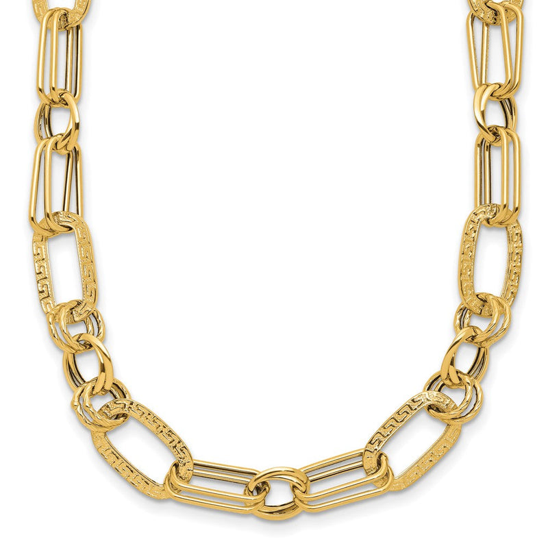 14K Gelbgold Poliert und Strukturiert Fantasie Greek Key Glieder Halskette