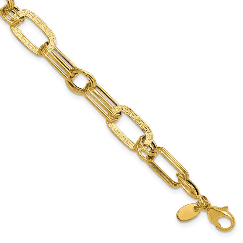 14K Gelbgold Poliert und Strukturiert Fantasie Greek Key Glieder Armband