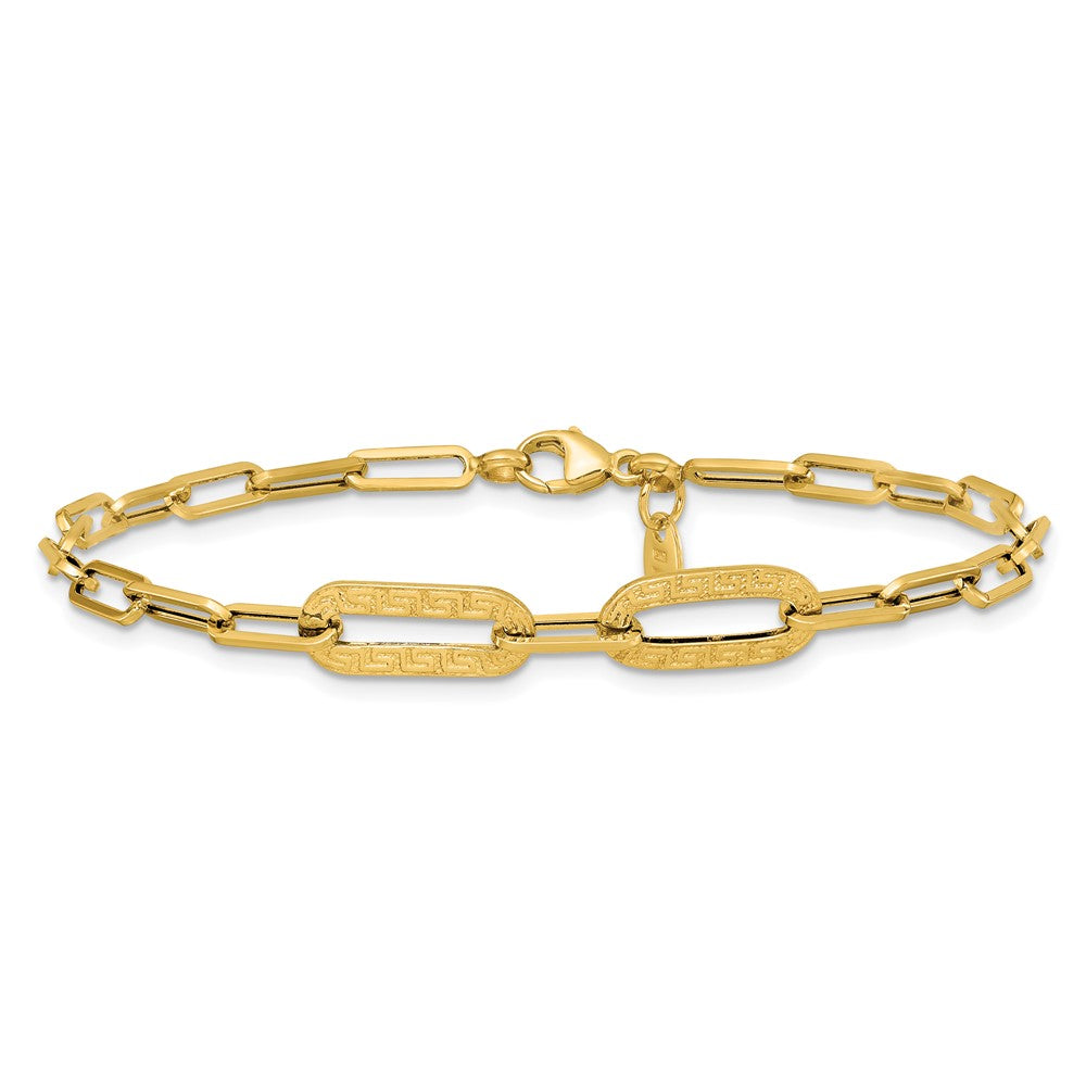 14K Gelbgold Poliert Strukturiert Greek Key Büroklammer Glieder Armband