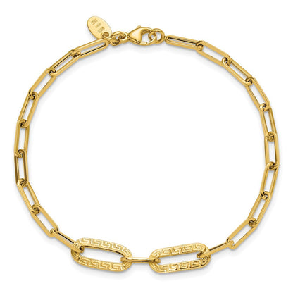 14K Gelbgold Poliert Strukturiert Greek Key Büroklammer Glieder Armband