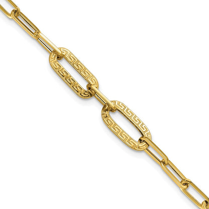 14K Gelbgold Poliert Strukturiert Greek Key Büroklammer Glieder Armband