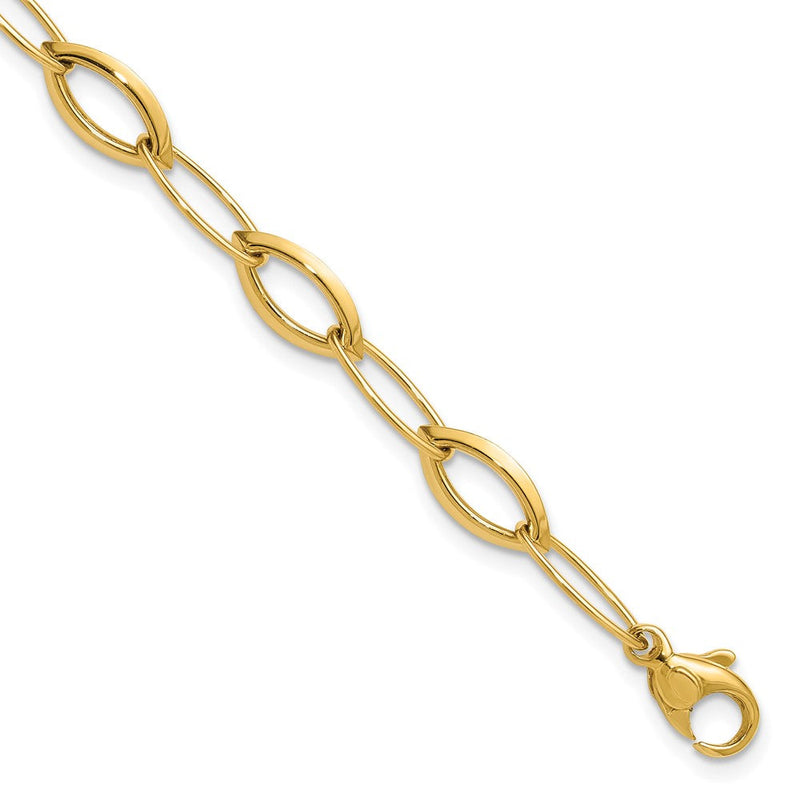 14K Gelbgold Poliert Fantasie Oval und Navette Glieder Armband
