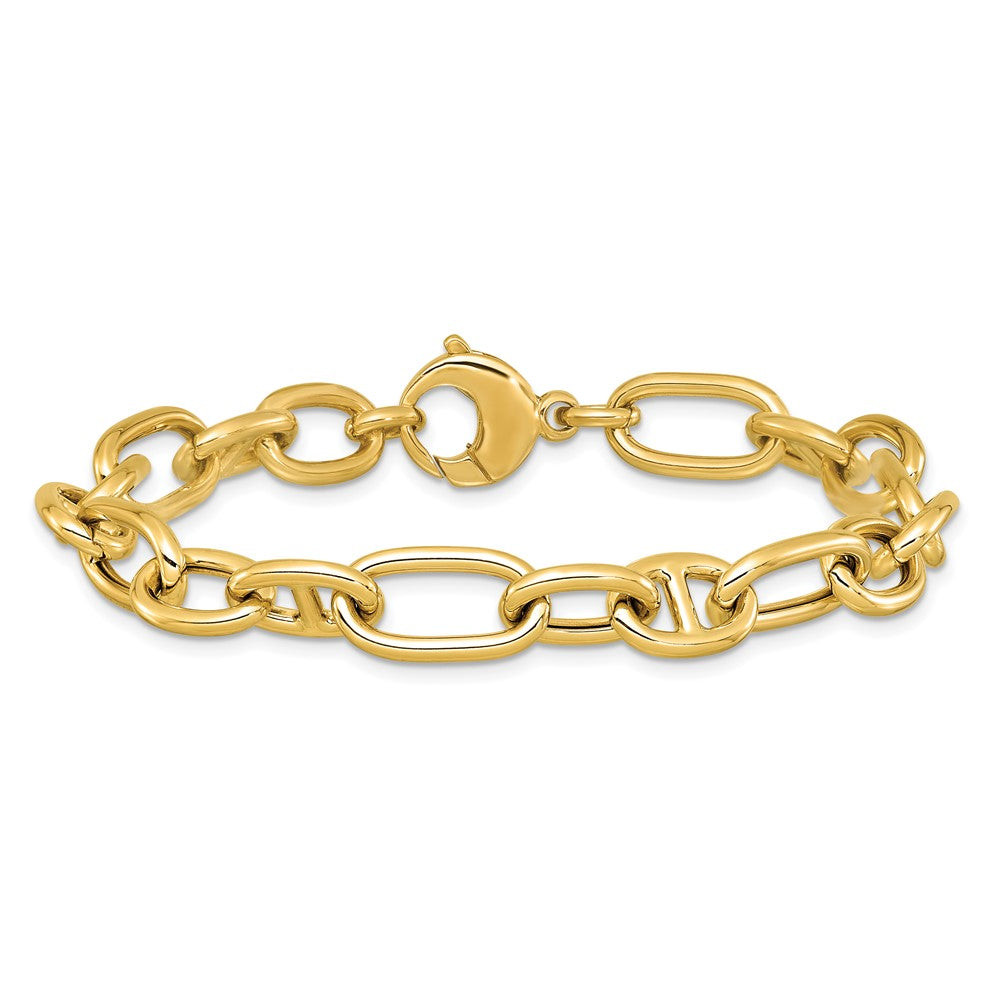 14K Gelbgold Poliert Mixed Oval und Anker Glieder Gliederarmband