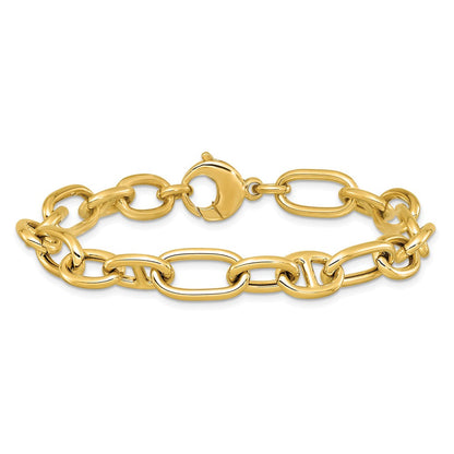 14K Gelbgold Poliert Mixed Oval und Anker Glieder Gliederarmband