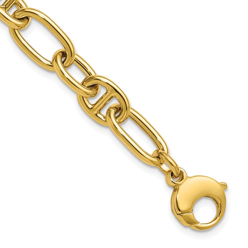 14K Gelbgold Poliert Mixed Oval und Anker Glieder Gliederarmband