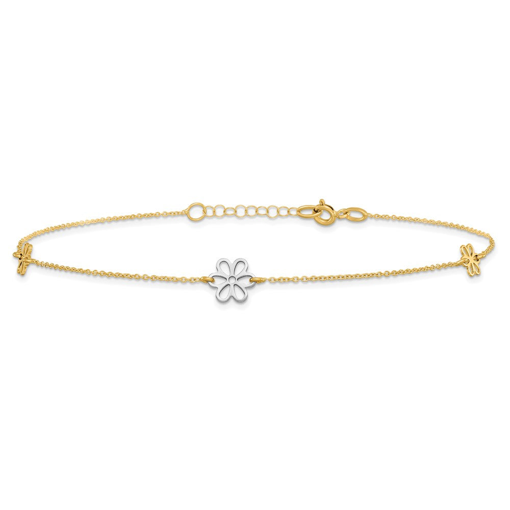 14K Bicolor Poliert Blume mit 1 Zoll Verlängerung. Fußkettchen