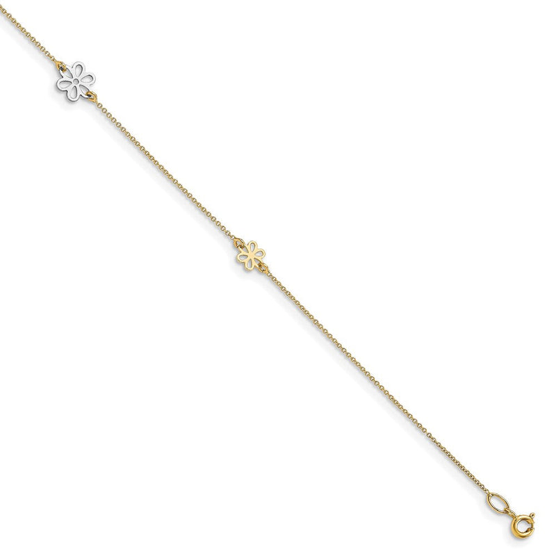 14K Bicolor Poliert Blume mit 1 Zoll Verlängerung. Fußkettchen