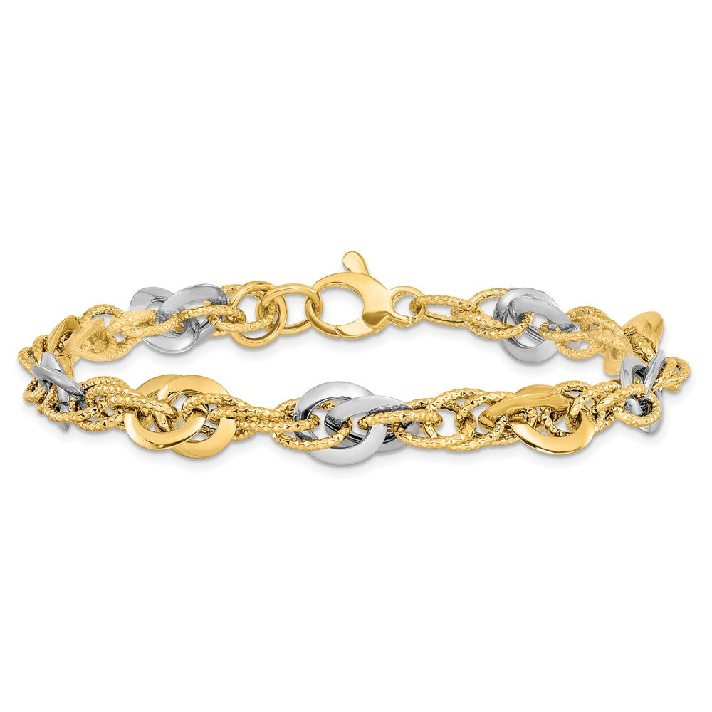7.5 Zoll 14K Bicolor Poliert Diamantiert Fantasieglieder Armband